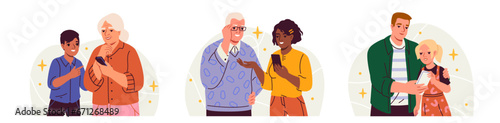 Set of families with smartphones. Boys and girls teaching elderly grandparents how to use modern phones. Old people with digital devices. Cartoon flat vector collection isolated on white background