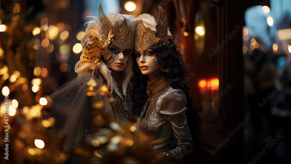  two venetian ladies in masquerade costumes on illuminated carnival street.