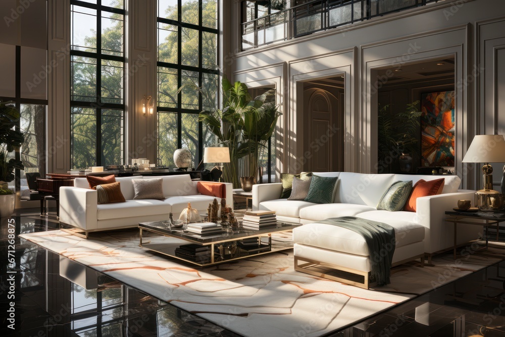 An elegant, Art Deco-inspired living room with geometric patterns, sleek furniture.