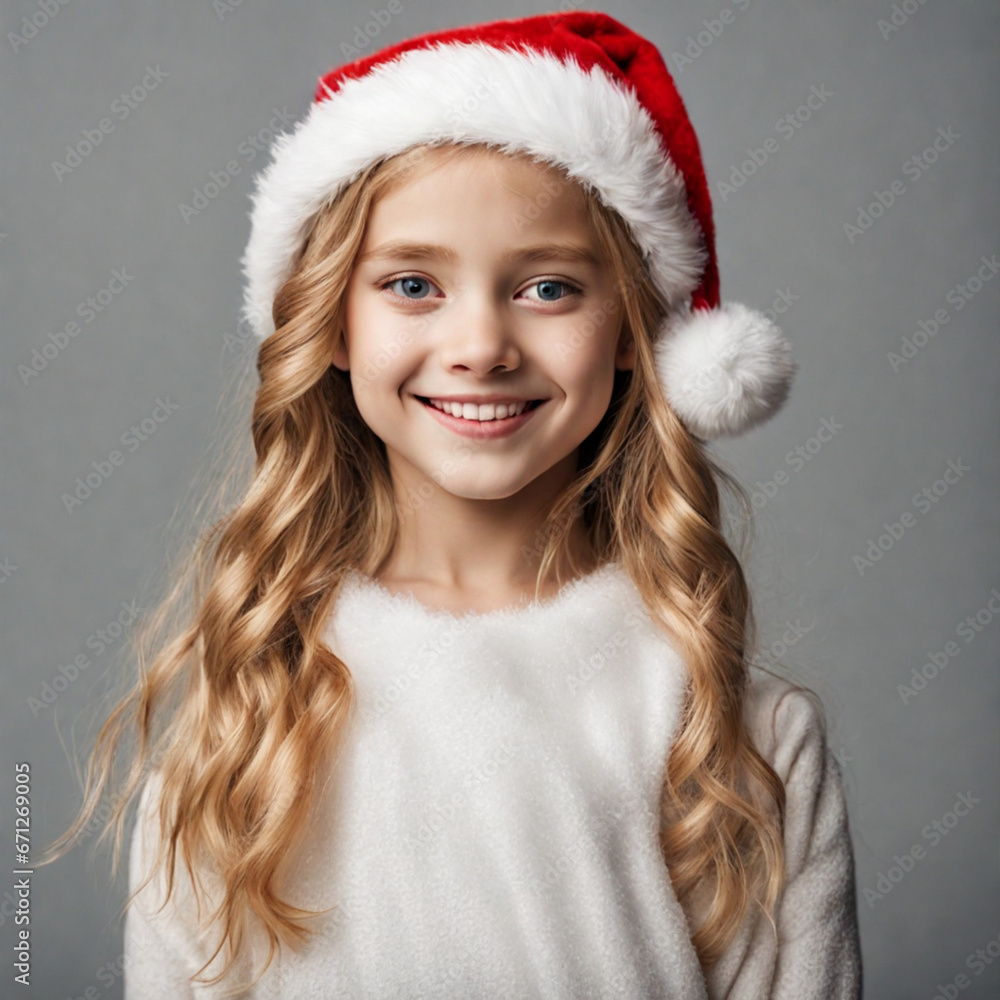 image of portrait of smiling junior girl in Santa hat with long brown hair looking at camera image of portrait of smiling junior girl in Santa hat with long brown hair looking at camera