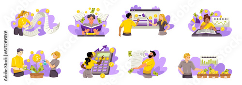 Financial literacy illustration set. People invest and save money, manage personal finances or family budgets and reduce expenses. Cartoon flat vector collection isolated on white background