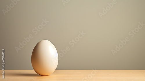  a white egg sitting on top of a wooden table next to a brown and white wall and a gray wall behind it.  generative ai