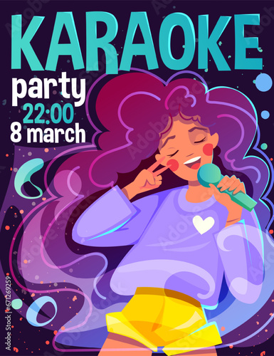 Karaoke party invitation. Smiling curly girl with microphone performs at music event and sings her favorite song. Vocal concert or song festival poster. Cartoon flat vector illustration