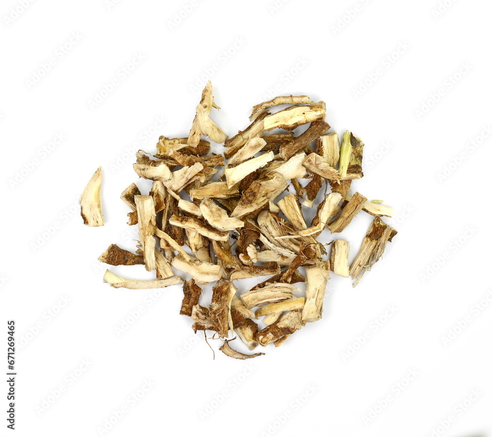herbal medicine - dry ingredient chicory root, for the preparation of medicinal broth in a cup, isolated, white background