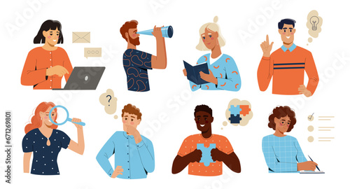Set of different people. Illustrations with men and women working on laptop, reading book, looking for creative ideas and making schedule. Cartoon flat vector collection isolated on white background