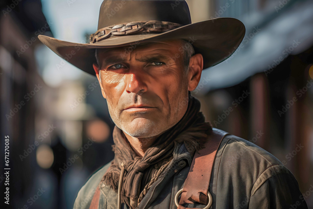 Portrayal of a rugged Wild West cowboy, reflecting the grit and resilience of the American frontier spirit.