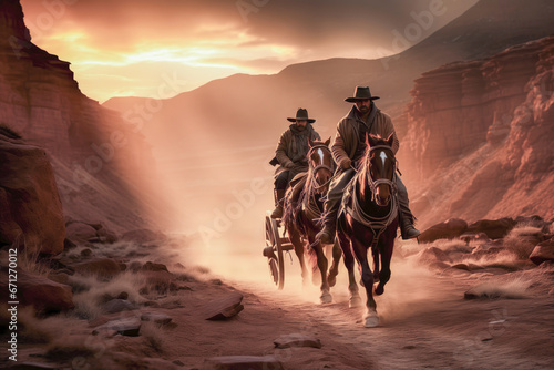 Capturing the rugged essence of the Wild West, cowboys in the golden sun rays embody the adventurous spirit of the lawless frontier
