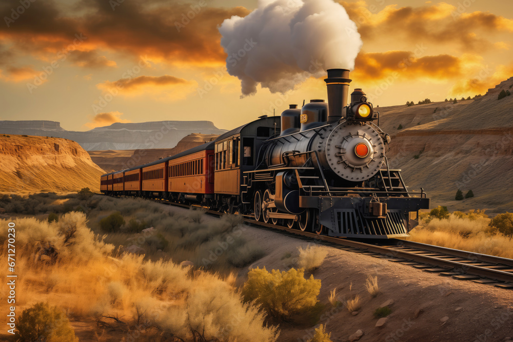 Fototapeta premium A vintage steam train chugging through the breathtaking and rugged Wild West landscape, evoking the nostalgia of a bygone era.
