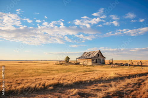 A serene scene of a rustic Wild West homestead nestled on the prairie, capturing the essence of simplicity and tranquility in the Old West.