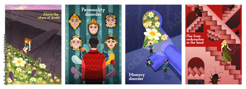 Human psychology posters. People with psychological problem, despair, personality disorder, memory loss and cockroaches in head. Stress and depression. Cartoon flat vector collection isolated on white