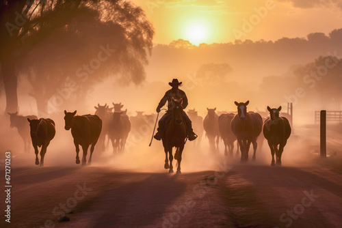 Wild West cattle drive at dusk with a cowboy on a horse during the golden hour, with warm, soft light casting a nostalgic glow on the dusty trail