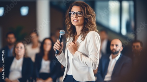 Confident white businesswoman delivering a corporate presentation at a seminar or conference. The image showcases her expertise and leadership skills in a professional setting generative ai