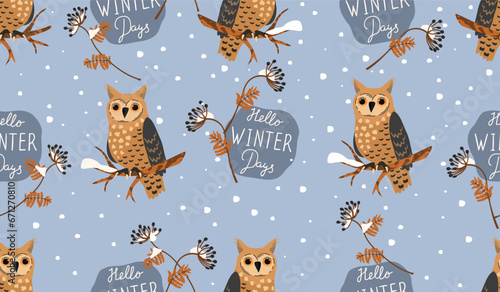 Cartoon owl sitting on a tree branch and hand lettering Hello Winter Days.Seamless pattern with cute character and plants covered with snow.Vector background with sprigs of grass and snowfall.

