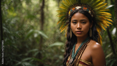 Bellissima ragazza originaria della foresta dell'Amazzonia posa per una foto con lo sfondo della foresta
