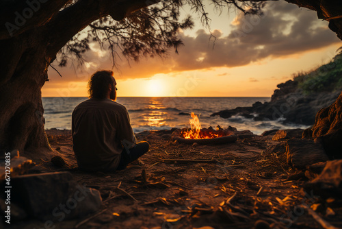 Photograph of a pensive traveler on a beach  watching the stunning spring sunset over the ocean. AI generative