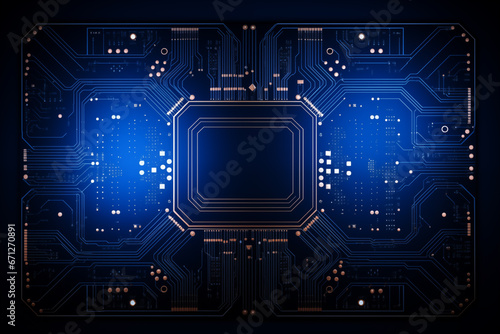 Computer Circuit Board with Processor, Glowing Lines, Empty Space for Text