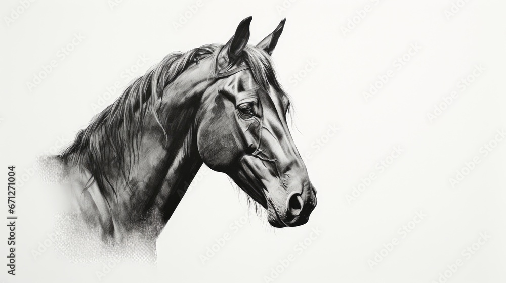  a black and white drawing of a horse's head with a long mane and a black and white background.  generative ai