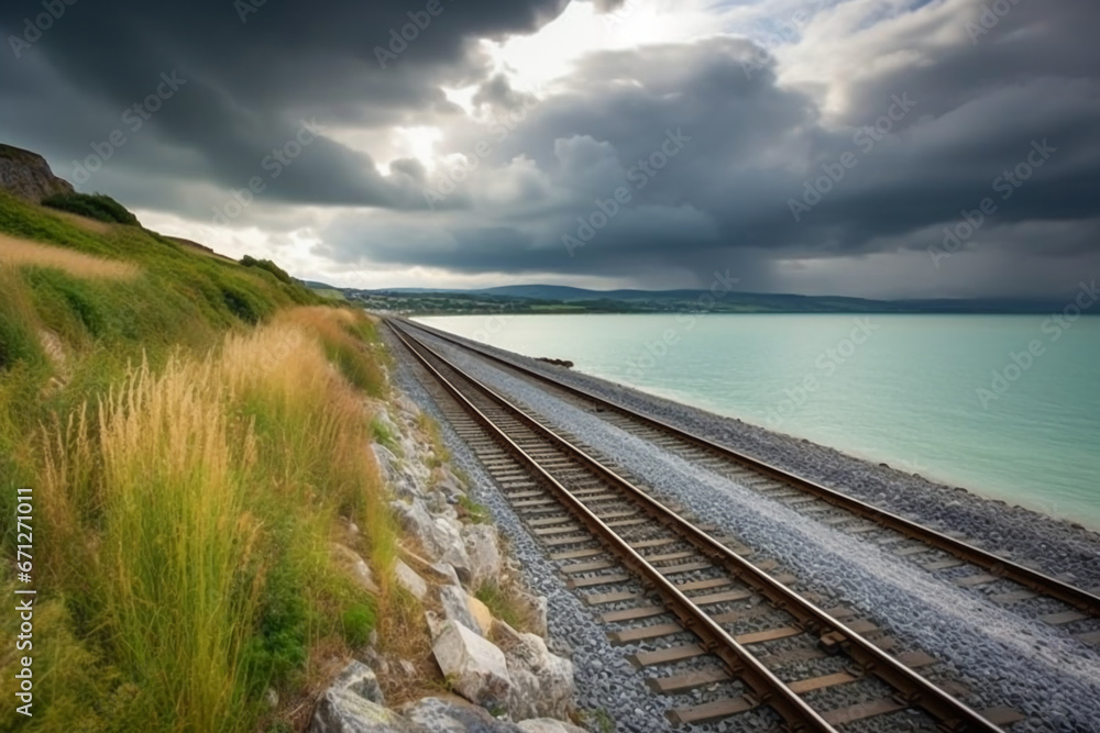 Obraz premium Shot of coastal railway under a dramatic stormy sky. AI generative