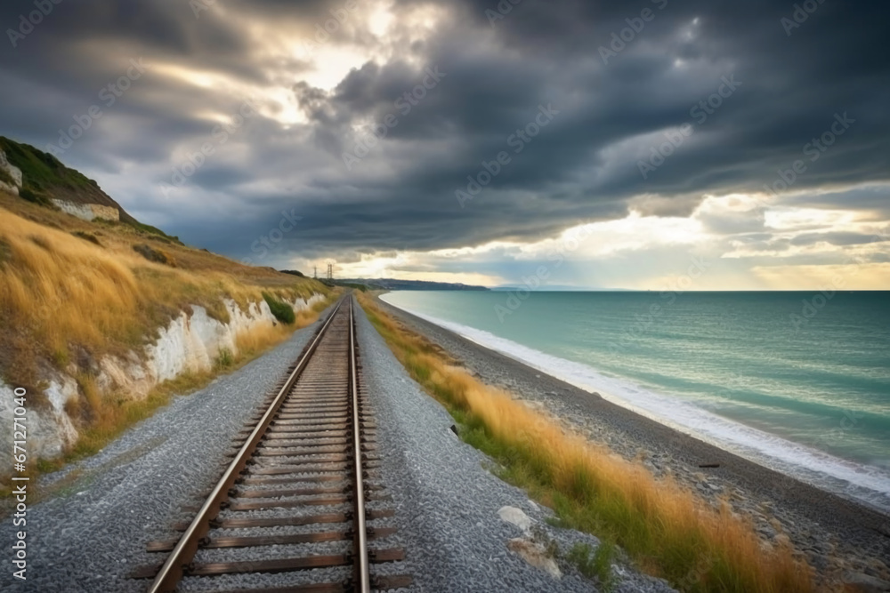 Shot of coastal railway under a dramatic stormy sky. AI generative