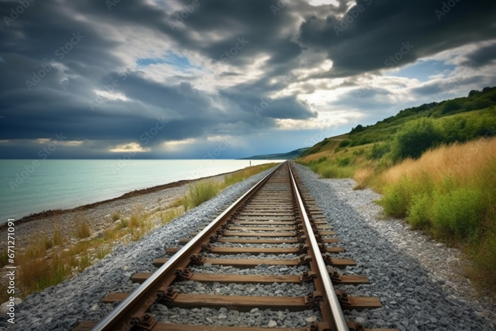 Shot of coastal railway under a dramatic stormy sky. AI generative Shot of coastal railway under a dramatic stormy sky. AI generative