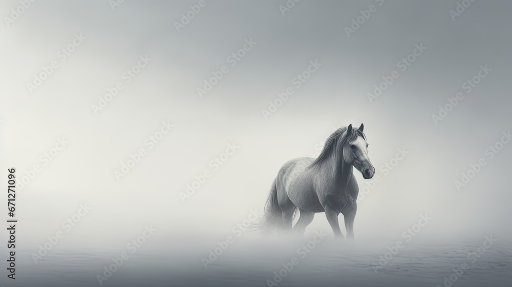 Fototapeta  a white horse standing in the middle of the ocean on a foggy day with a black and white background.  generative ai