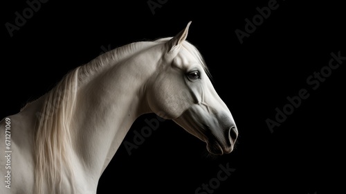  a white horse standing in the dark with its head turned to the side and it's hair blowing in the wind.  generative ai © Olga