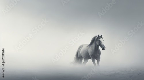  a white horse standing in the middle of the ocean on a foggy day with a black and white background. generative ai