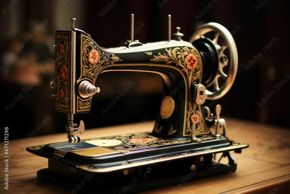 A vintage sewing machine with intricate details, a testament to the craftsmanship of yesteryears. Generative Ai.