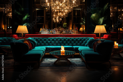 A classic cocktail lounge with plush velvet seats and crystal glassware, capturing the elegance of retro nightlife. Generative Ai. © Sebastian