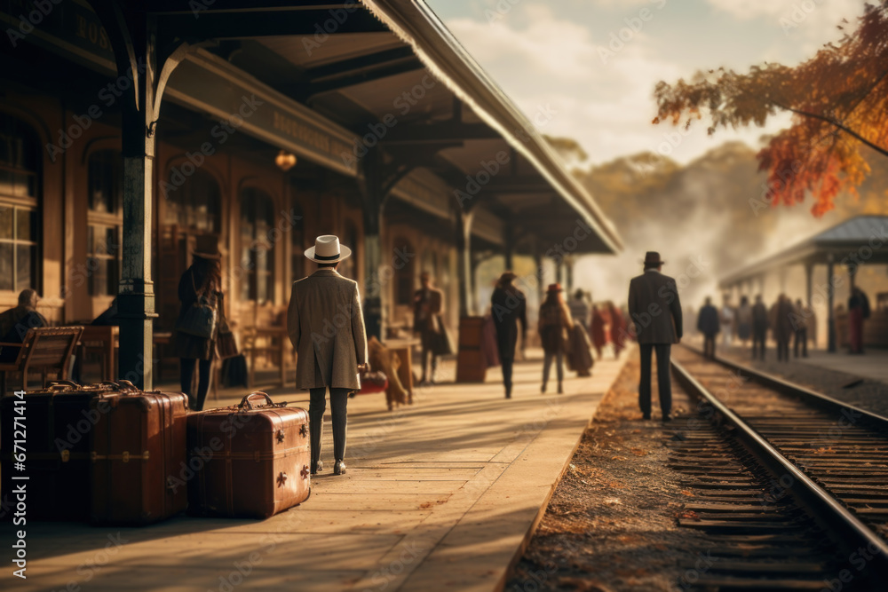 A vintage train station platform, capturing the romance of rail travel during the early 20th century. Generative Ai.