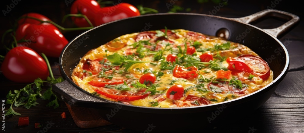 A frittata made in a frying pan with leeks tomatoes and cheese captured in a beautifully toned image A frittata made in a frying pan with leeks tomatoes and cheese captured in a beautifully toned image