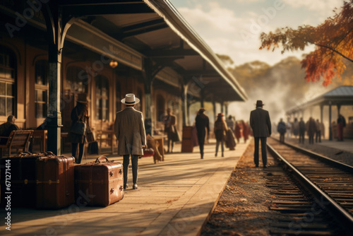 A vintage train station platform, capturing the romance of rail travel during the early 20th century. Generative Ai.