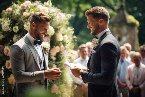 A joyful gay couple exchanging wedding vows in a beautiful garden ceremony. Generative Ai.