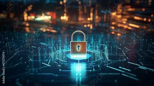 Padlock Cybersecurity Illustration with Colorful Glowing Lines on Circuit Board in Virtual Reality Cyberspace 