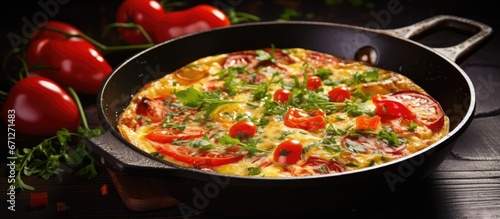 A frittata made in a frying pan with leeks tomatoes and cheese captured in a beautifully toned image