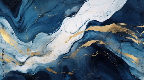 abstract ink painting texture resembling gold and navy blue marble. Dark blue and gold waves twist and turn, adorned with splashes of golden paint photo