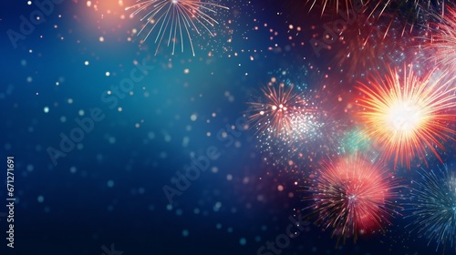 Fireworks for New Year and copy space - abstract festive background in blue color