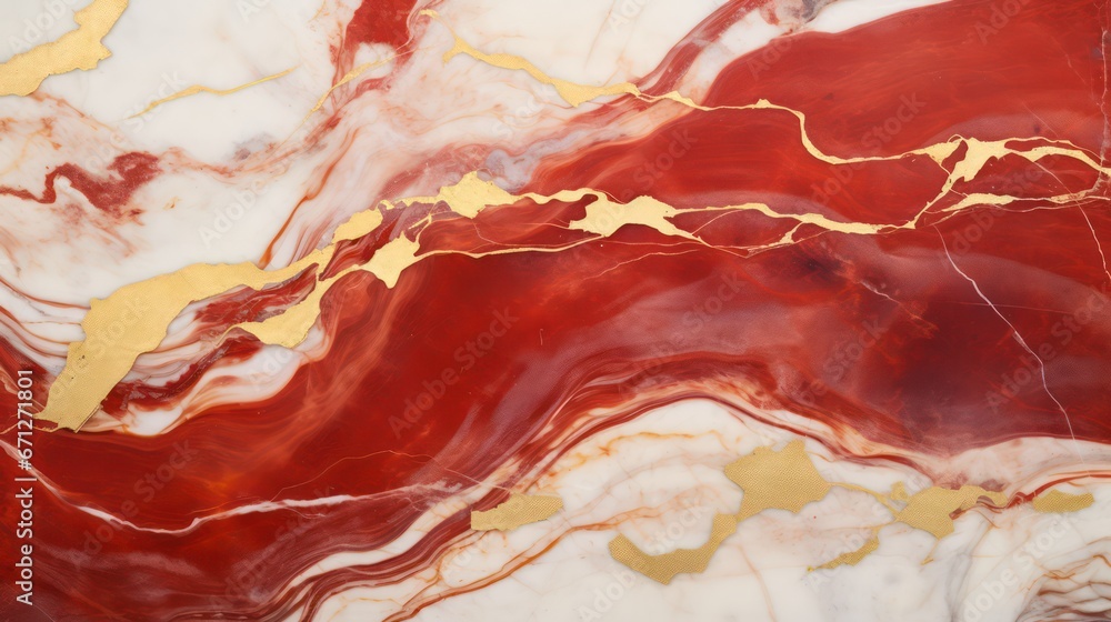 Abstract red gold marble marbled ink painted painting texture luxury background banner.  Red and golden waves swirl gold painted splashes