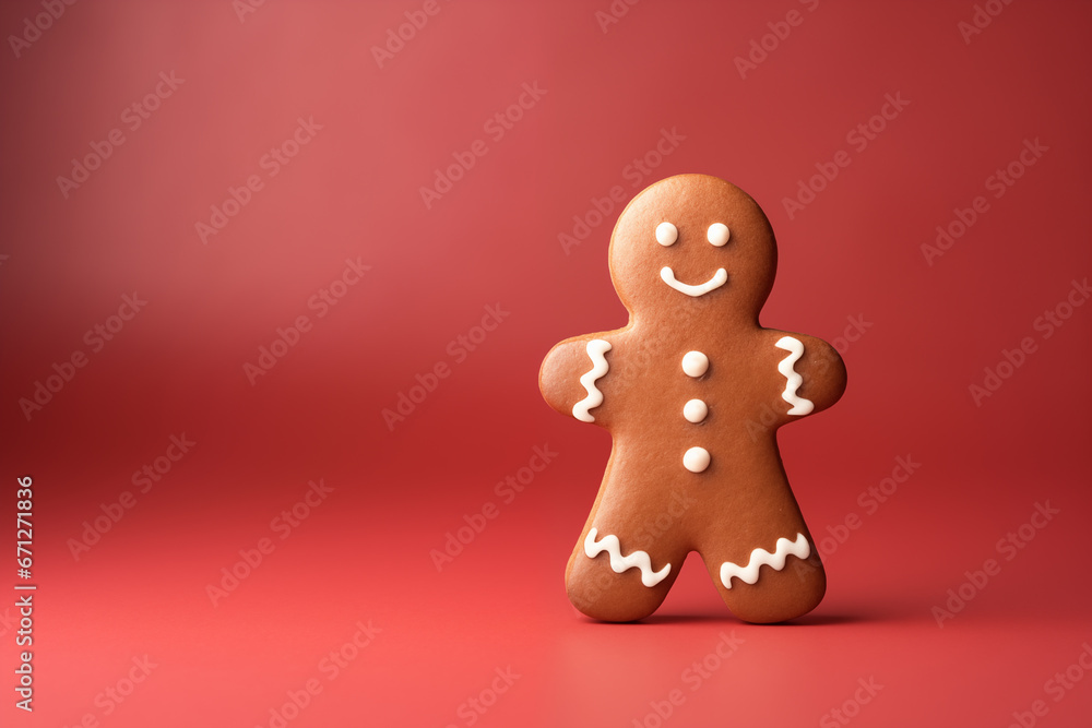 Fototapeta premium Gingerbread Man on Red Background with Empty Space