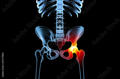 Skeleton with osteoarthritis hip joint injury