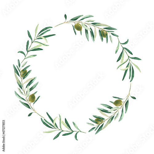 Watercolor olive wreath with green olives. Isolated on white background. Hand drawn botanical illustration. Can be used for cards, emblem, logos and food design. © Tatiana