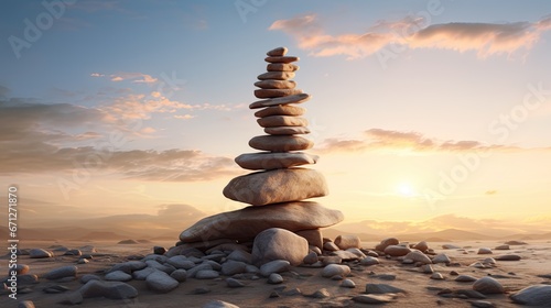  a stack of rocks sitting on top of a sandy beach under a cloudy sky with the sun in the distance.  generative ai
