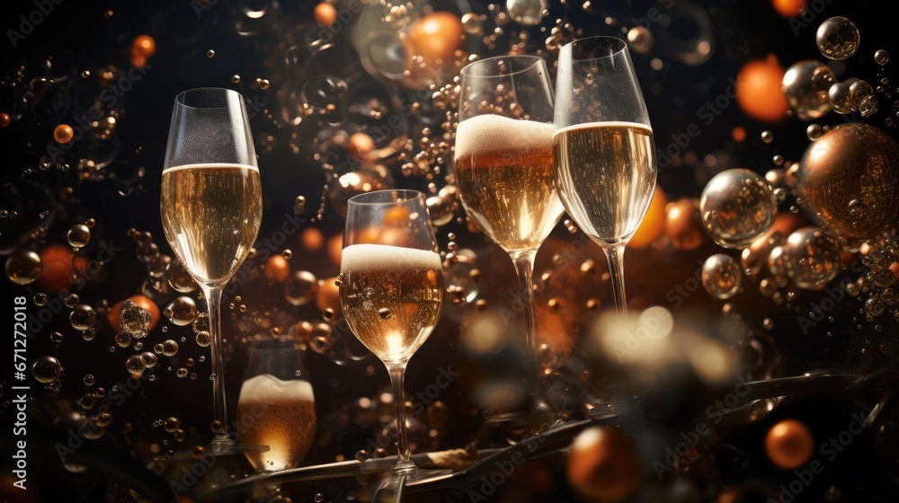 a group of glasses of champagne sitting on top of a table next to a bunch of bubbles in the air. generative ai a group of glasses of champagne sitting on top of a table next to a bunch of bubbles in the air. generative ai