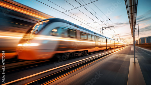 High speed train on blurred motion railway at sunset