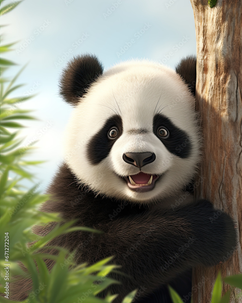 Obraz premium A cute little panda holding on to a tree