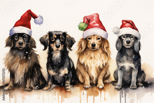 group of Dogs in Christmas decoration. Watercolor illustration of Christmas