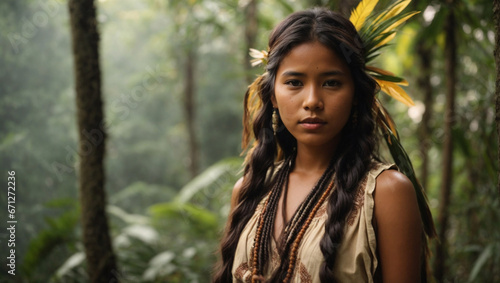 Bellissima ragazza originaria della foresta dell'Amazzonia posa per una foto con lo sfondo della foresta photo