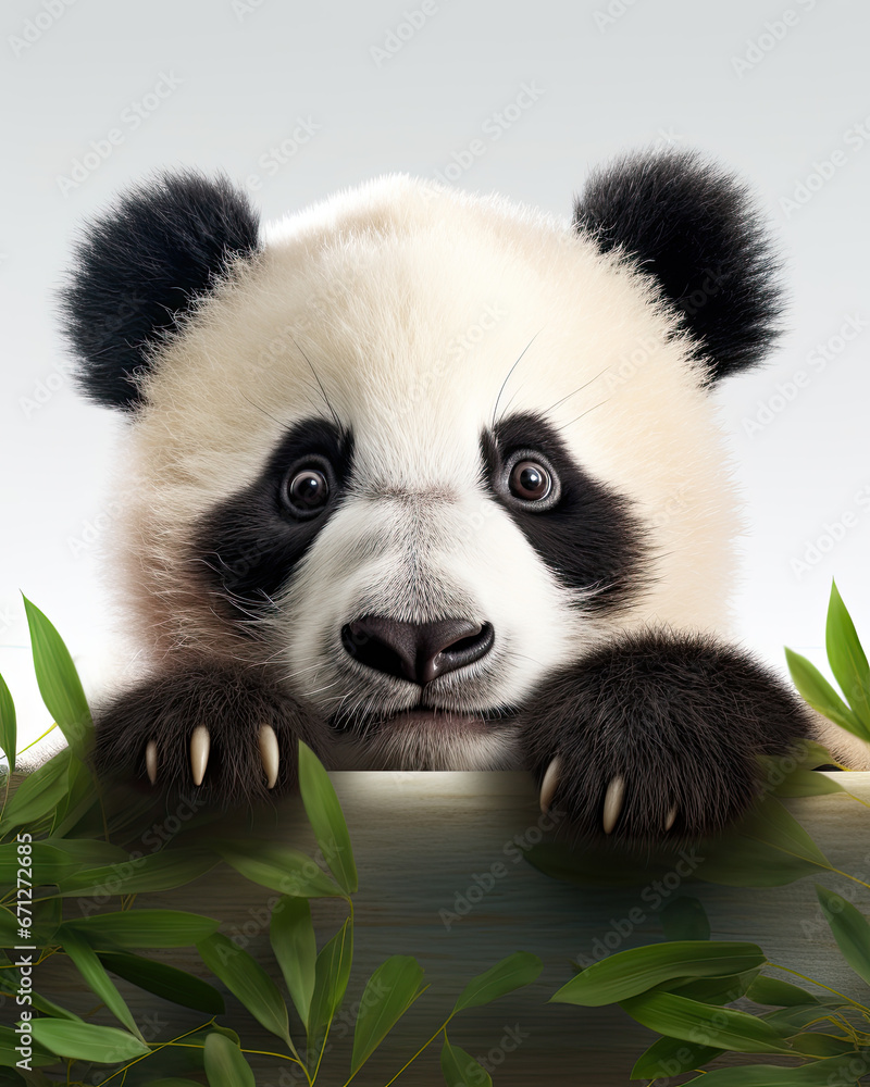 Fototapeta premium A cute little panda with leaves and plants on a clean background