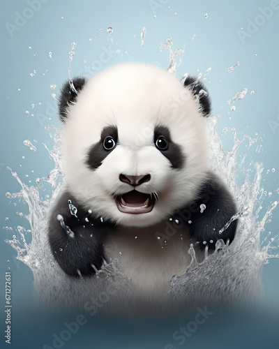 A cute little panda with water splahes photo