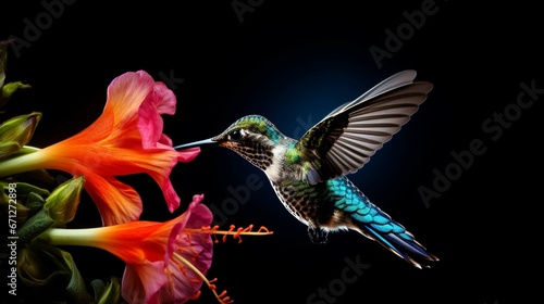 Photo a hummingbird kissing a colorful flower on a bright night © sania